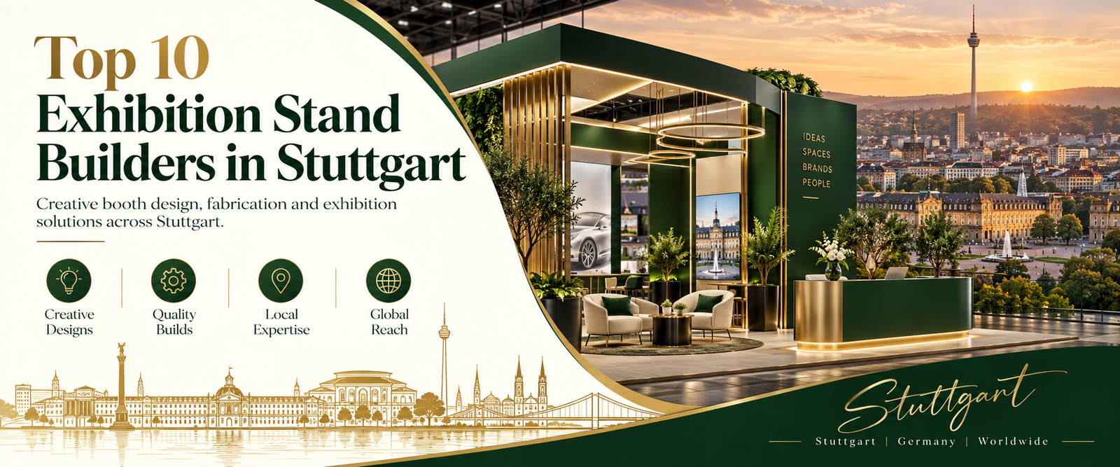 Modern exhibition stand builders in Stuttgart banner with green and gold trade show booth
