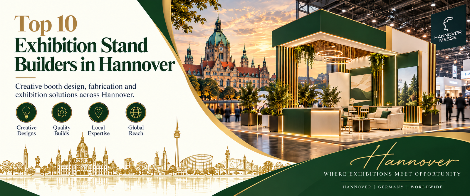 Top 10 Exhibition Stand Builders in Hannover with premium exhibition booth and city skyline