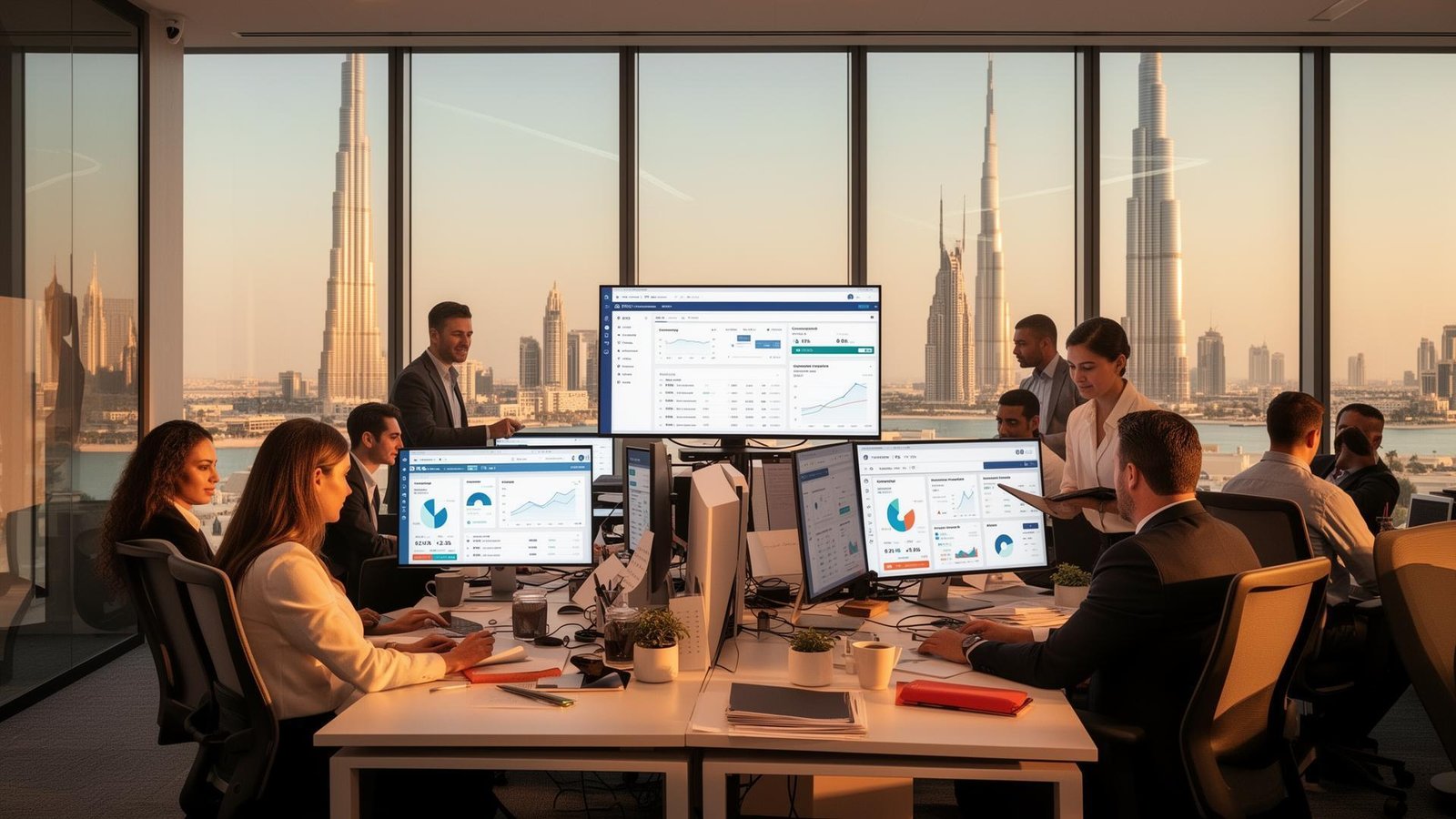 Easy businesses to start in Dubai include digital marketing and IT services, with professionals working in a modern office. 2026