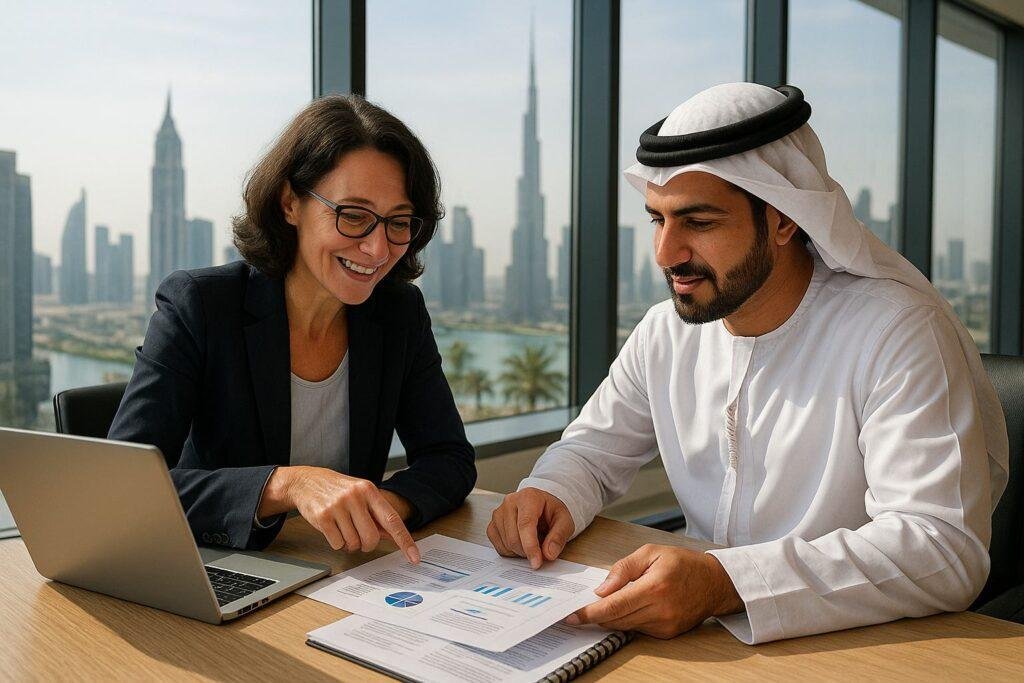 Easy businesses to start in Dubai with a consultant reviewing company registration documents and licensing requirements 2026