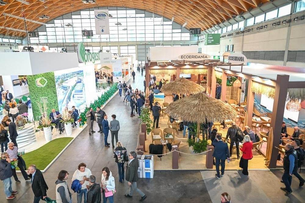 Exhibition Stand Builders in Rimini showcasing multiple custom booths at Ecomondo