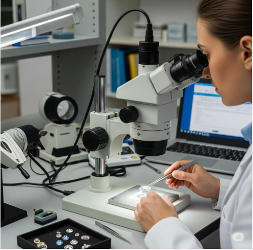Gemologist testing diamonds for a lab-grown diamond business in Dubai using a microscope to check gemstone quality."