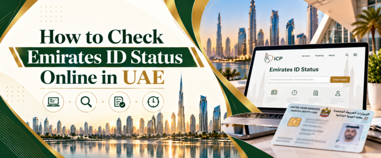 How to Check Emirates ID Status Online text banner with green and gold colour