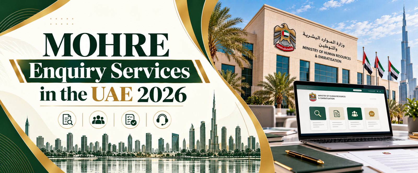 MOHRE Enquiry Services in the UAE 2026 text banner with green and Gold colour
