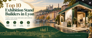 Modern top 10 exhibition stand builders in Lyon and the banner with green and gold trade show booth