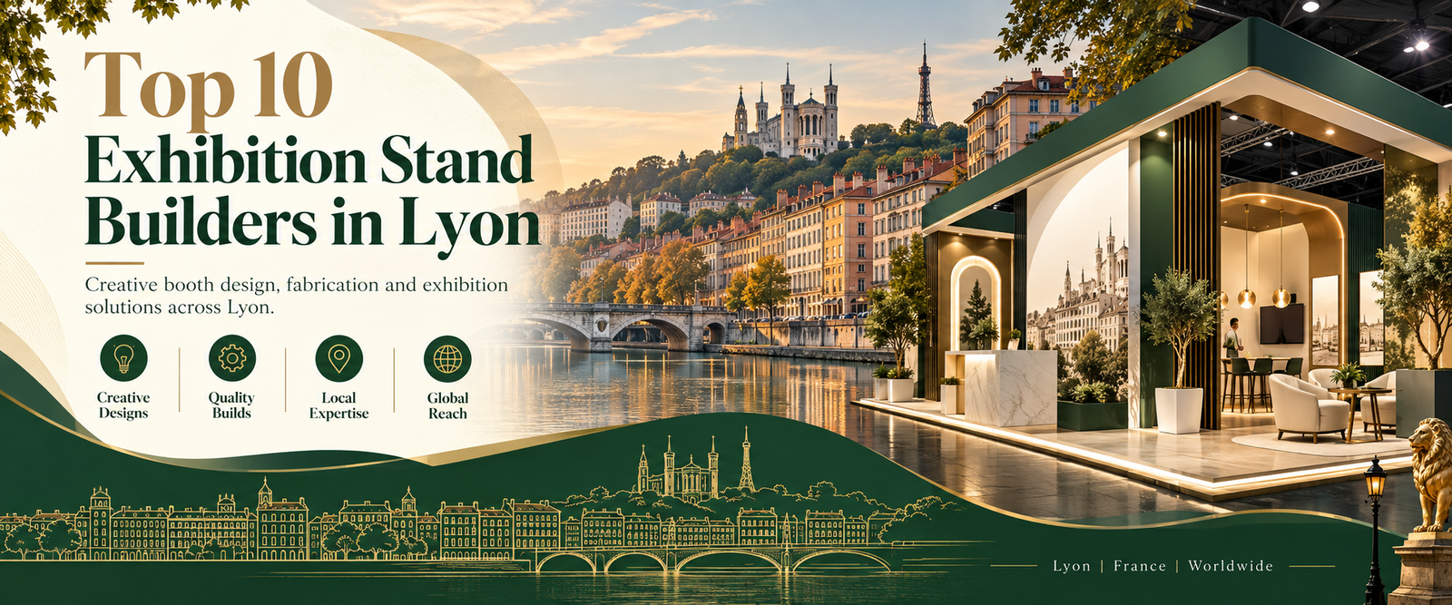 Modern top 10 exhibition stand builders in Lyon and the banner with green and gold trade show booth