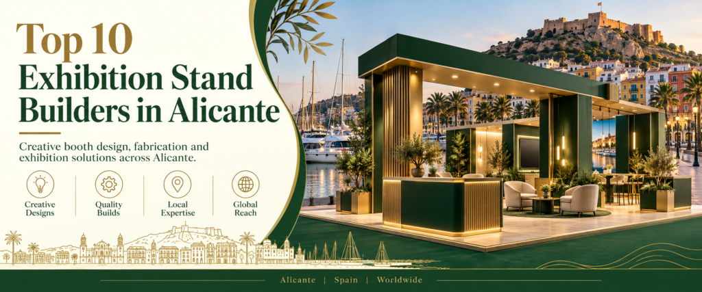 Modern top 10 exhibition stand builders in Alicante banner with green and gold trade show booth 2026
