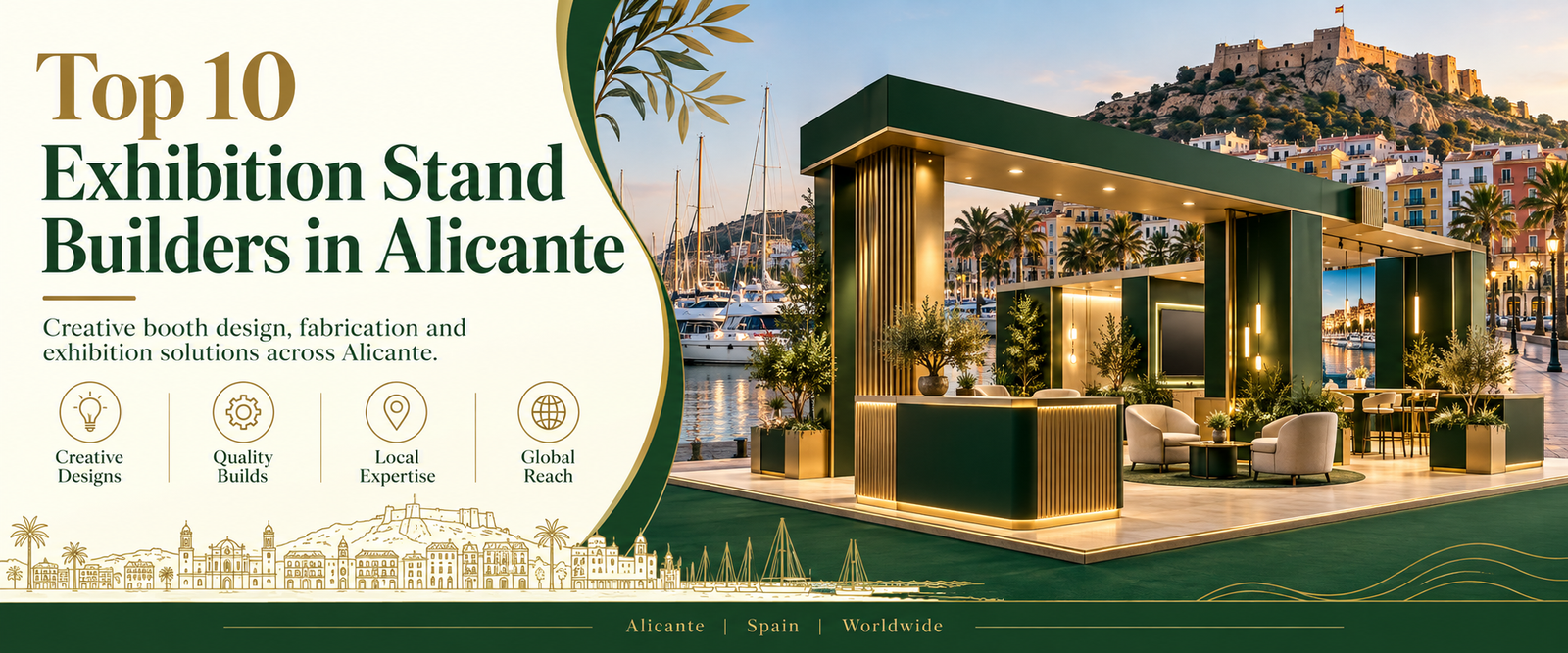 Modern top 10 exhibition stand builders in Alicante banner with green and gold trade show booth 2026