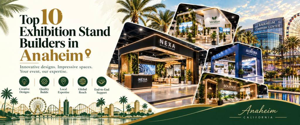 Modern top 10 exhibition stand builders in Anaheim banner with green and gold trade show booth 2026