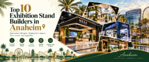 Modern top 10 exhibition stand builders in Anaheim banner with green and gold trade show booth 2026