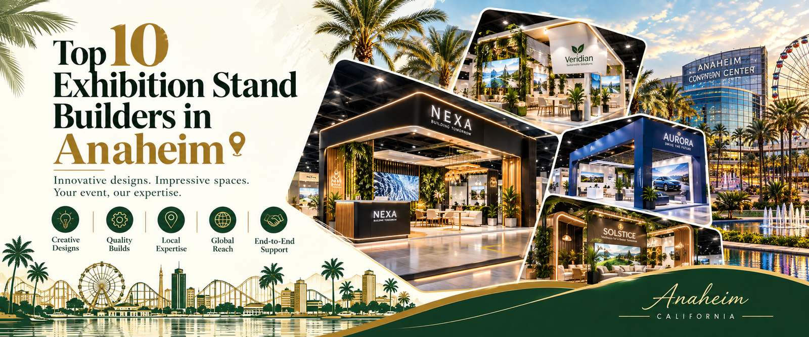 Modern top 10 exhibition stand builders in Anaheim banner with green and gold trade show booth 2026