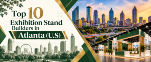 Modern top 10 exhibition stand builders in Atlanta banner with green and gold trade show booth 2026