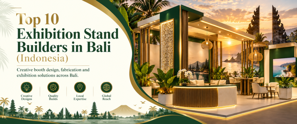 Modern top 10 exhibition stand builders in Bali banner with green and gold trade show booth 2026