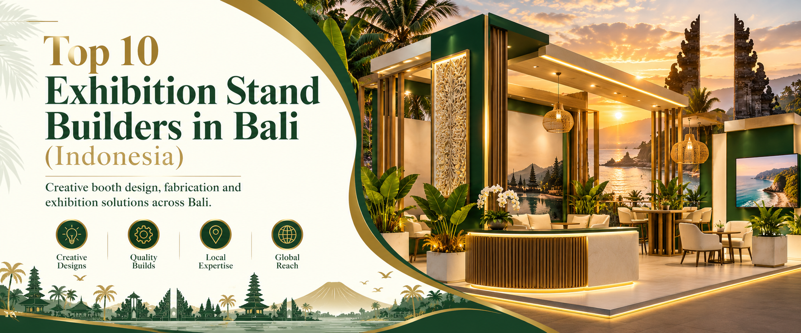 Modern top 10 exhibition stand builders in Bali banner with green and gold trade show booth 2026