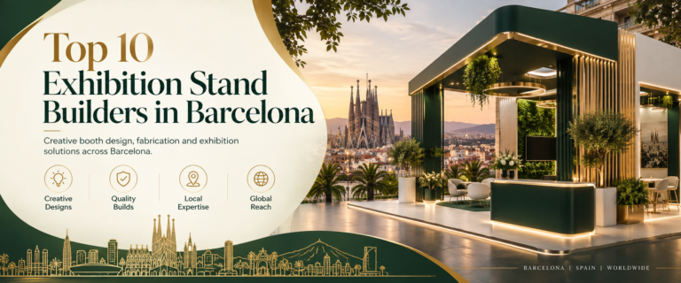 Modern top 10 exhibition stand builders in Barcelona banner with green and gold trade show booth 2026