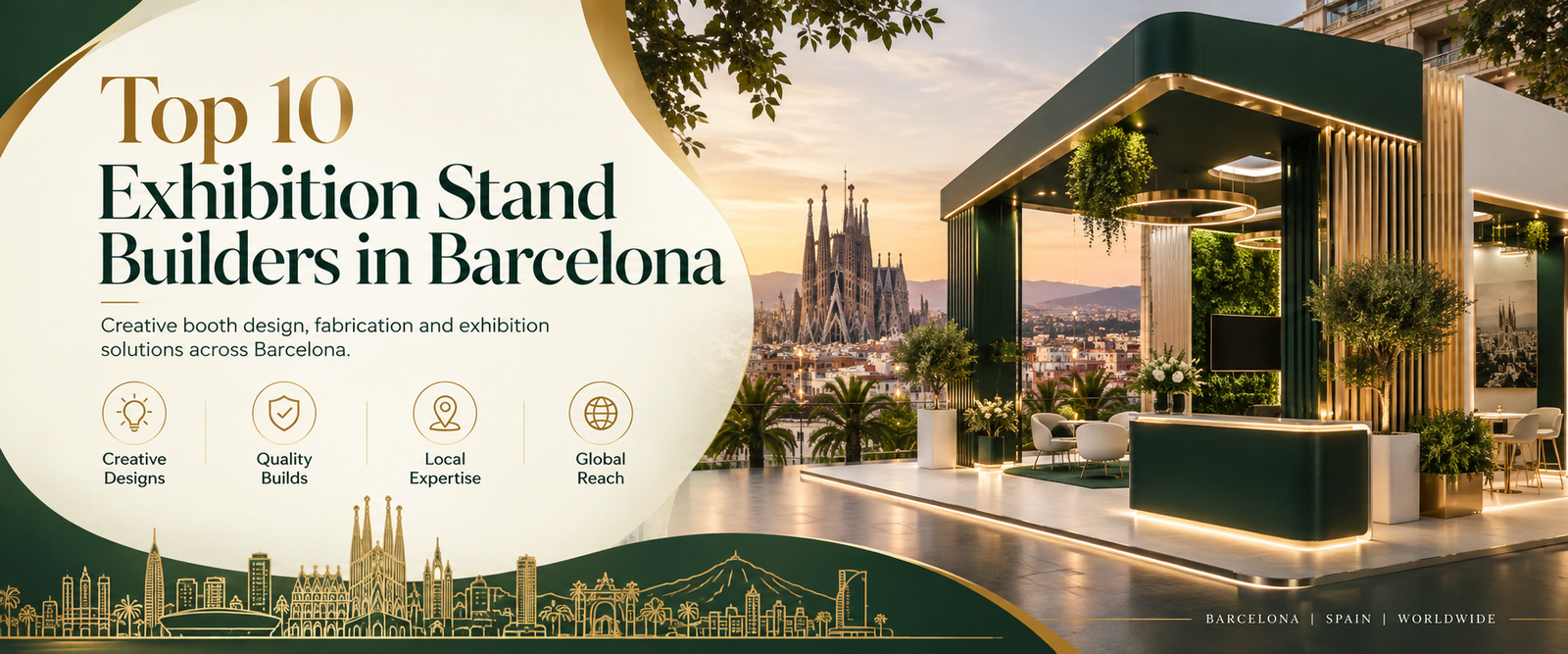Modern top 10 exhibition stand builders in Barcelona banner with green and gold trade show booth 2026