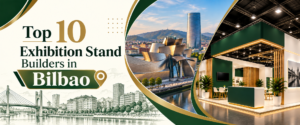 Modern top 10 exhibition stand builders in Bilbao banner with green and gold trade show booth 2026