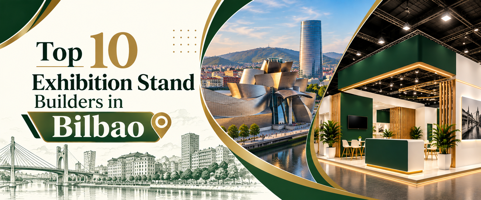 Modern top 10 exhibition stand builders in Bilbao banner with green and gold trade show booth 2026