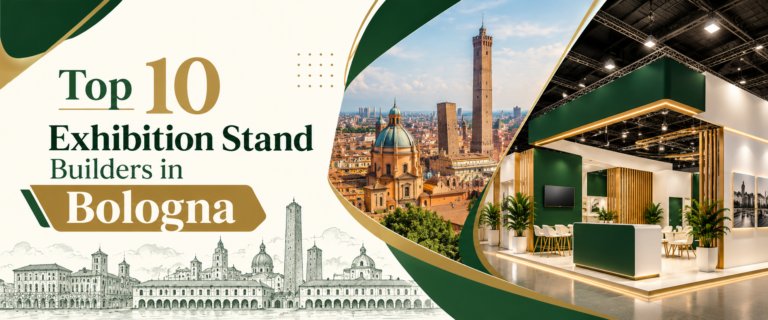 Modern top 10 exhibition stand builders in Bologna banner with green and gold trade show booth 2026
