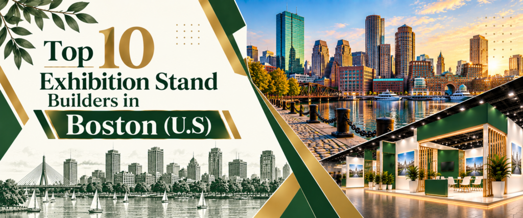 Modern top 10 exhibition stand builders in Boston banner with green and gold trade show booth 2026