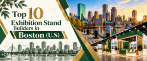 Modern top 10 exhibition stand builders in Boston banner with green and gold trade show booth 2026