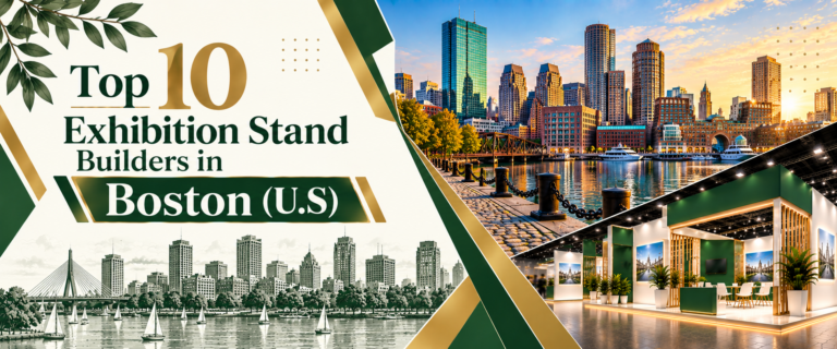Modern top 10 exhibition stand builders in Boston banner with green and gold trade show booth 2026