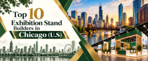Modern top 10 exhibition stand builders in Chicago banner with green and gold trade show booth 2026