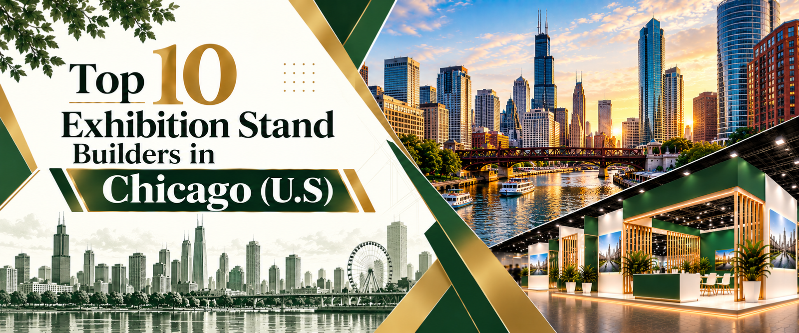 Modern top 10 exhibition stand builders in Chicago banner with green and gold trade show booth 2026