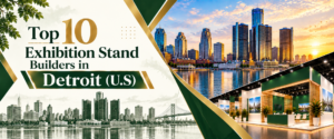 Modern top 10 exhibition stand builders in Detroit banner with green and gold trade show booth 2026