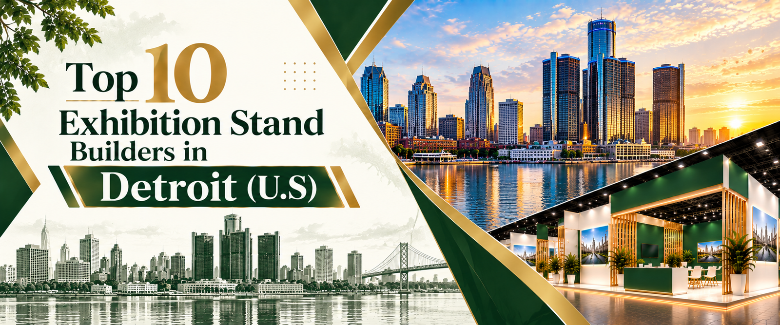 Modern top 10 exhibition stand builders in Detroit banner with green and gold trade show booth 2026