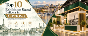 Modern top 10 exhibition stand builders in Genova banner with green and gold trade show booth