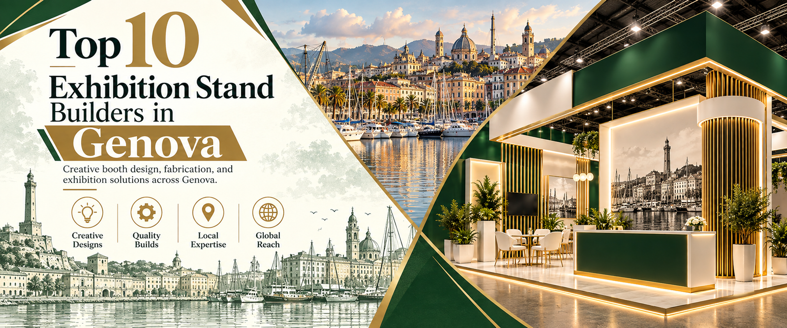 Modern top 10 exhibition stand builders in Genova banner with green and gold trade show booth