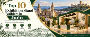 Modern top 10 exhibition stand builders in Jaen banner with green and gold trade show booth 2026