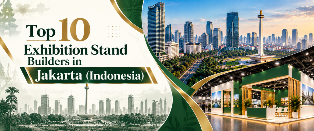 Modern top 10 exhibition stand builders in Jakarta banner with green and gold trade show booth 2026