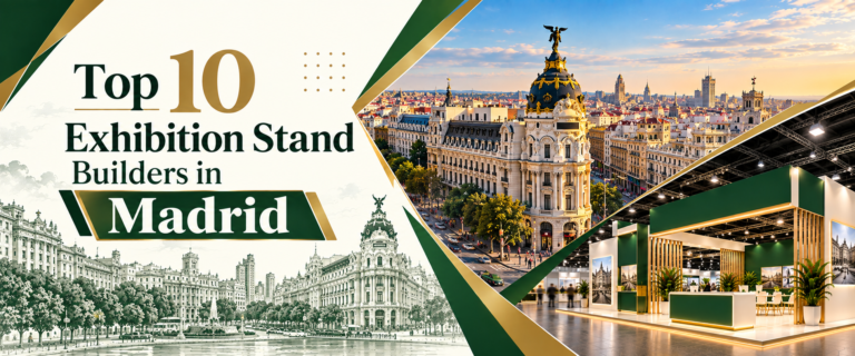 Modern top 10 exhibition stand builders in Madrid banner with green and gold trade show booth 2026