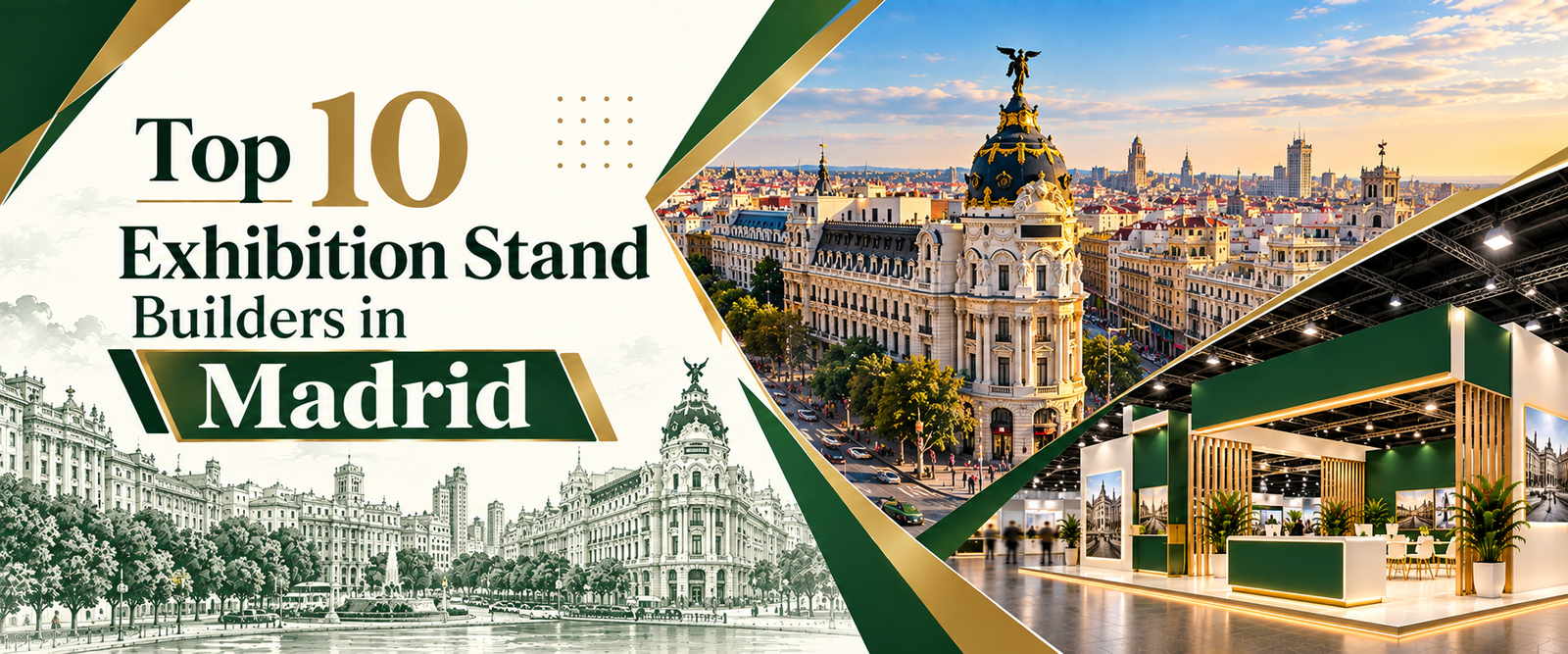 Modern top 10 exhibition stand builders in Madrid banner with green and gold trade show booth 2026