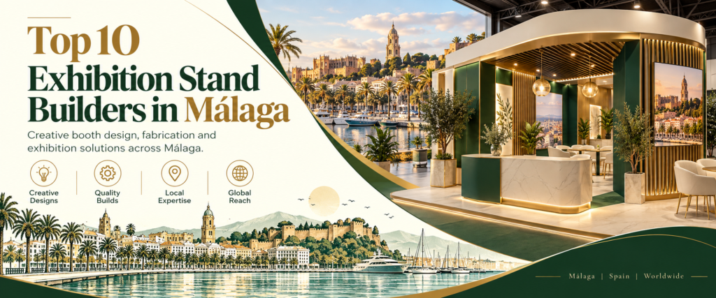 Modern top 10 exhibition stand builders in Malaga banner with green and gold trade show booth 2026