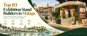 Modern top 10 exhibition stand builders in Malaga banner with green and gold trade show booth 2026