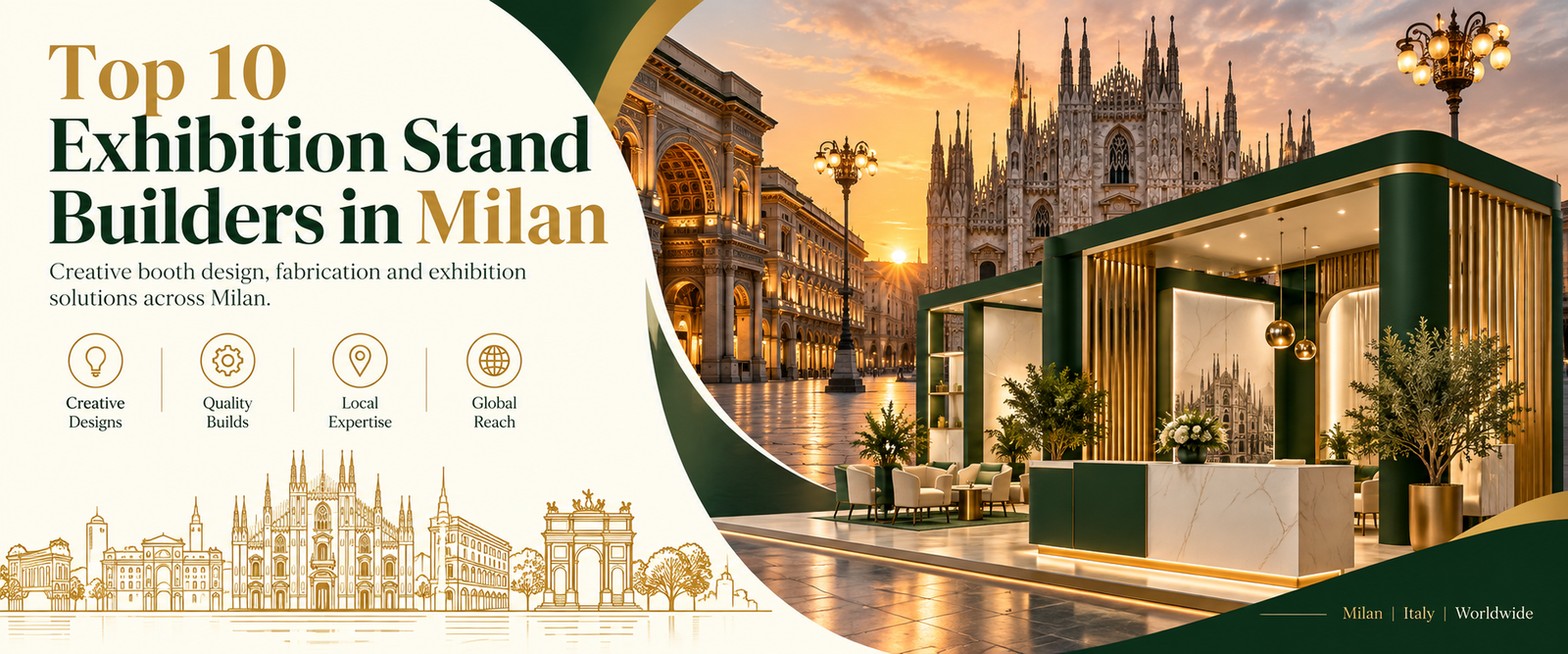 Modern top 10 exhibition stand builders in Milan banner with green and gold trade show booth