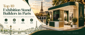 Modern top 10 exhibition stand builders in Paris banner with green and gold trade show booth