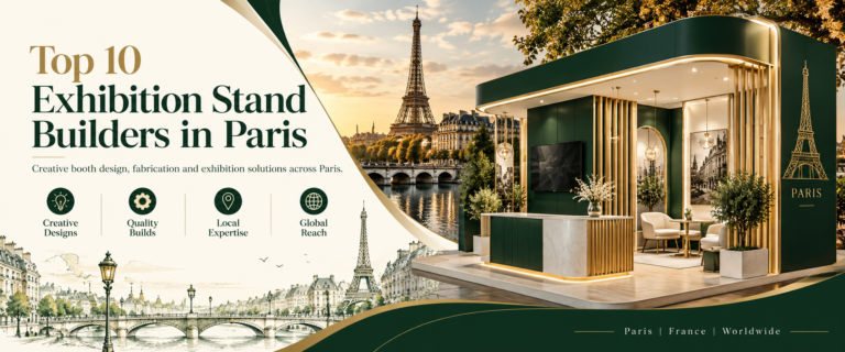 Modern top 10 exhibition stand builders in Paris banner with green and gold trade show booth