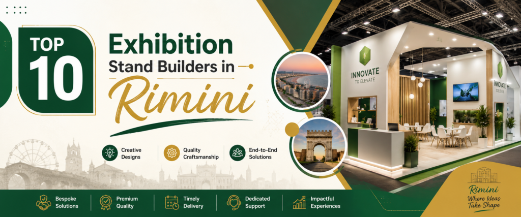 Modern top 10 exhibition stand builders in Rimini banner with green and gold trade show booth 2026