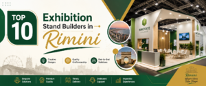 Modern top 10 exhibition stand builders in Rimini banner with green and gold trade show booth 2026