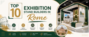 Modern top 10 exhibition stand builders in Rome banner with green and gold trade show booth 2026