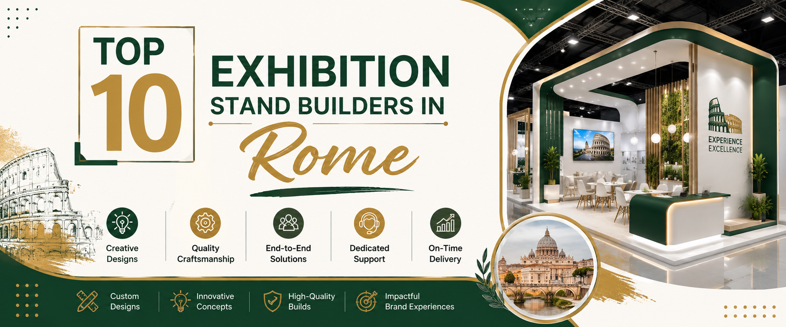Modern top 10 exhibition stand builders in Rome banner with green and gold trade show booth 2026