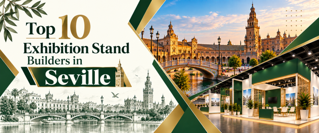 Modern top 10 exhibition stand builders in Seville banner with green and gold trade show booth 2026