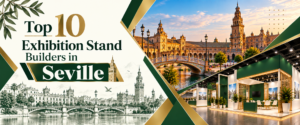 Modern top 10 exhibition stand builders in Seville banner with green and gold trade show booth 2026