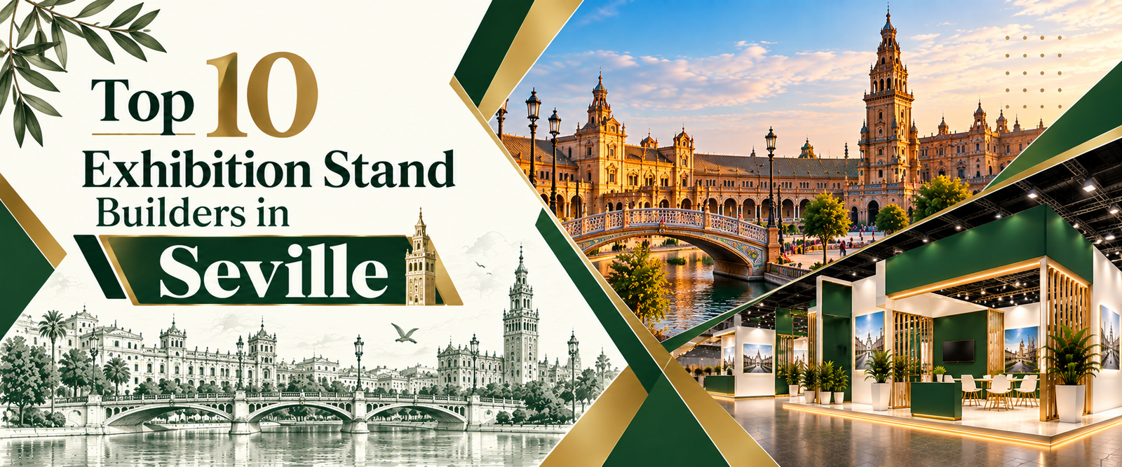 Modern top 10 exhibition stand builders in Seville banner with green and gold trade show booth 2026