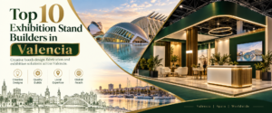 Modern top 10 exhibition stand builders in Valencia’s banner with green and gold trade show booth 2026