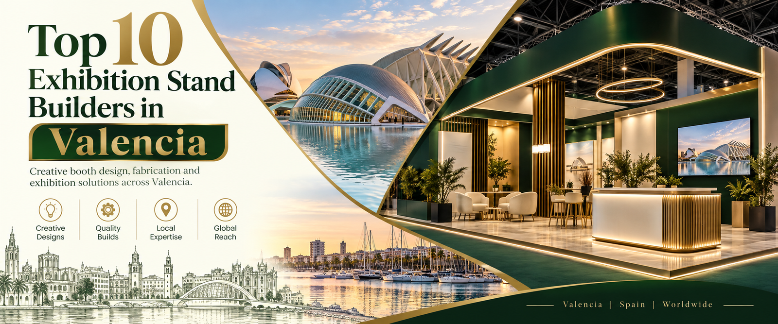 Modern top 10 exhibition stand builders in Valencia’s banner with green and gold trade show booth 2026